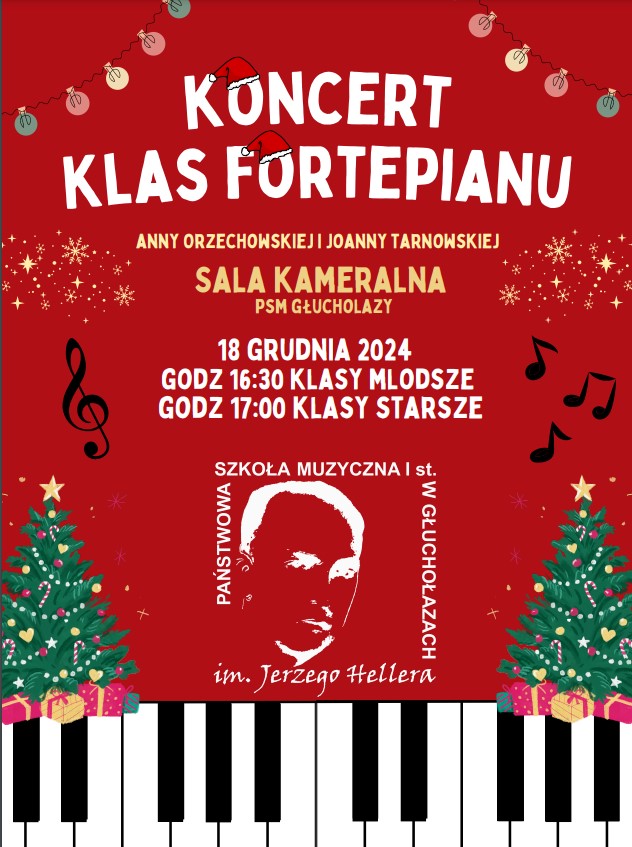 Plakat czerwone tło na dole rysunek klawiatury fortepianów po bokach rysunki udekorowanych choinek z prezentami powyżej czarne Nutki pięciolinie gwiazdki sylwestrowe oraz ozdobne lampiony koncert klas fortepianu literki o przykryte czapeczkami Mikołajów Anny Orzechowskiej i Joanny Tarnowskiej sala kameralna PSM Głuchołazy 18 grudnia 2024 godzina 16:30 klasy młodsze godzina 17:00 klasy starsze poniżej białe duże logo centralnie umieszczone według ustalonego znaku