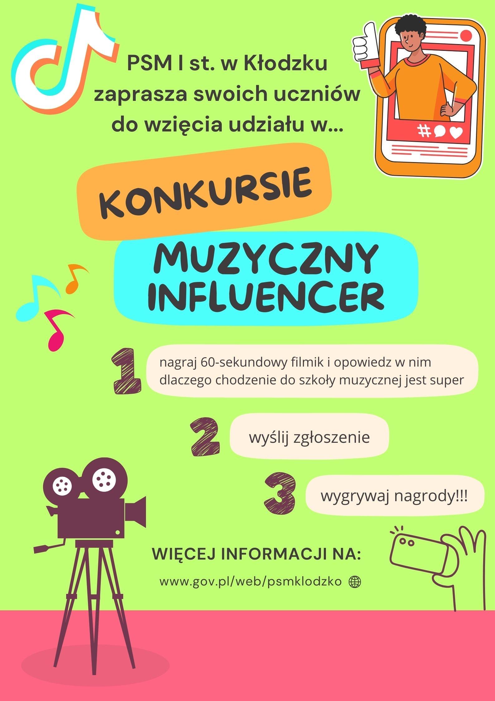 Plakat na kolorowym tle z szczegółową informacją tekstową dotyczącą konkursu muzyczny influencer