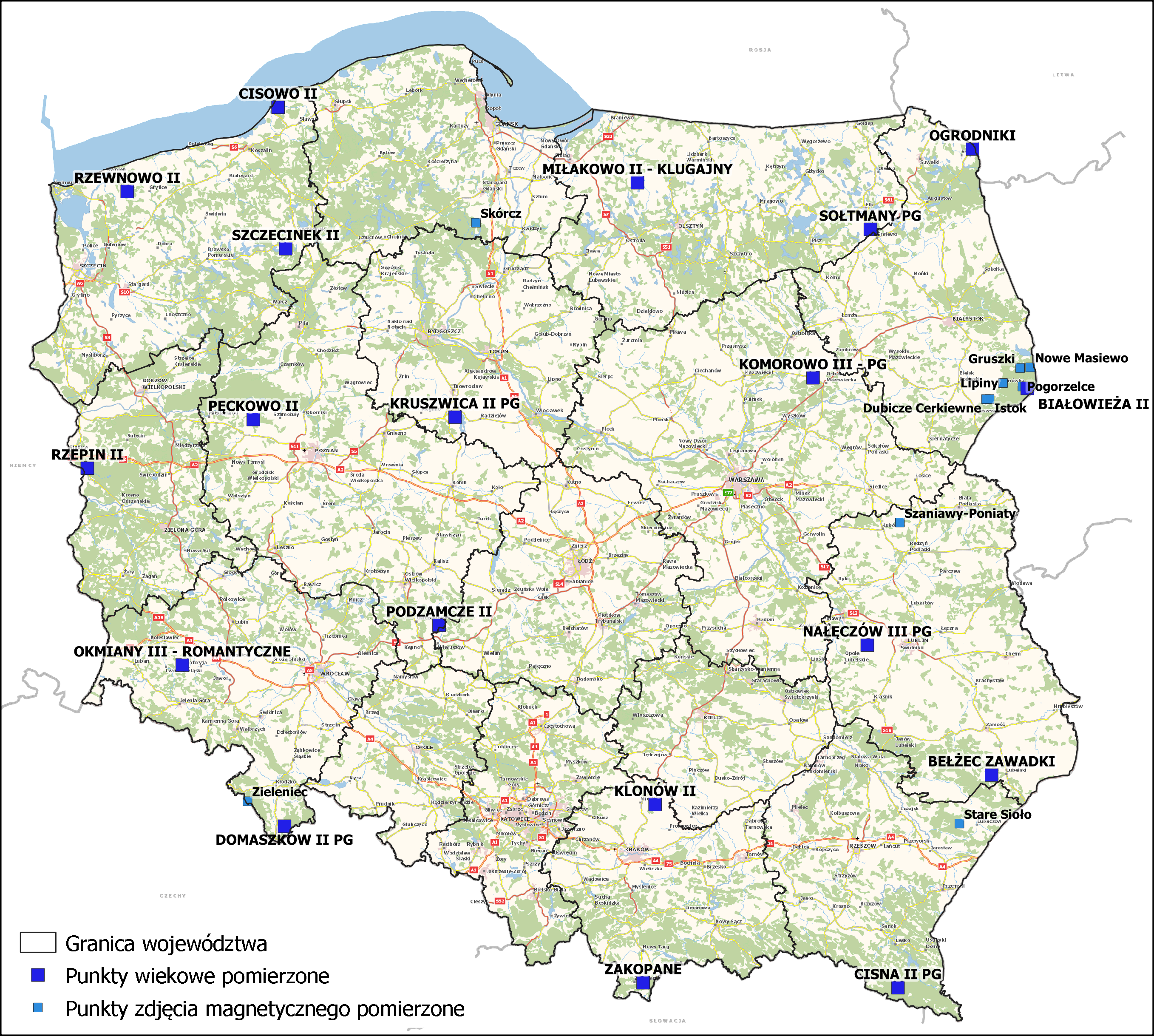 Ilustracja przedstawia mapę Polski z punktami osnowy magnetycznej, na których wykonane zostały pomiary w ramach zakończonej pracy