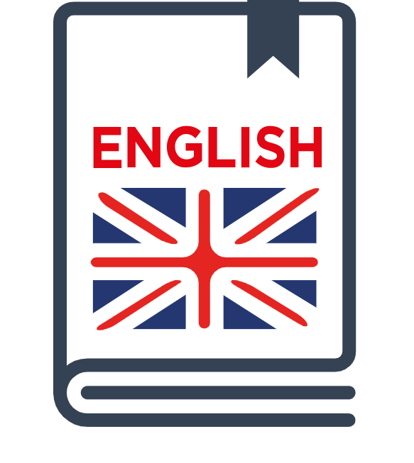 Język angielski: Podręcznik w kolorze białym z czarnymi konturami na okładce flaga Wielkiej Brytanii składająca się z czerwonego krzyża z białą obwódką na niebieskim tle z obwiedzionym na biało krzyżem ukośnym naprzemiennie czerwono-białym. Nad flagą Wielkiej Brytanii na okładce znajduje się czerwony napis ENGLISH. W lewym górnym rogu okładki znajduje się czarny prostokąt przy krawędzi okładki w dole zakończony dwoma trójkątami skierowanymi wobec siebie przeciwprostokątnymi.