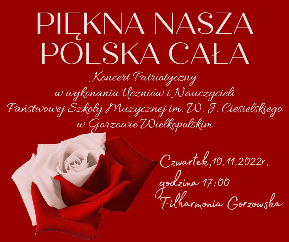 czerwone tło, róża, napis, Koncert Patriotyczny, Filharmonia Gorzowska