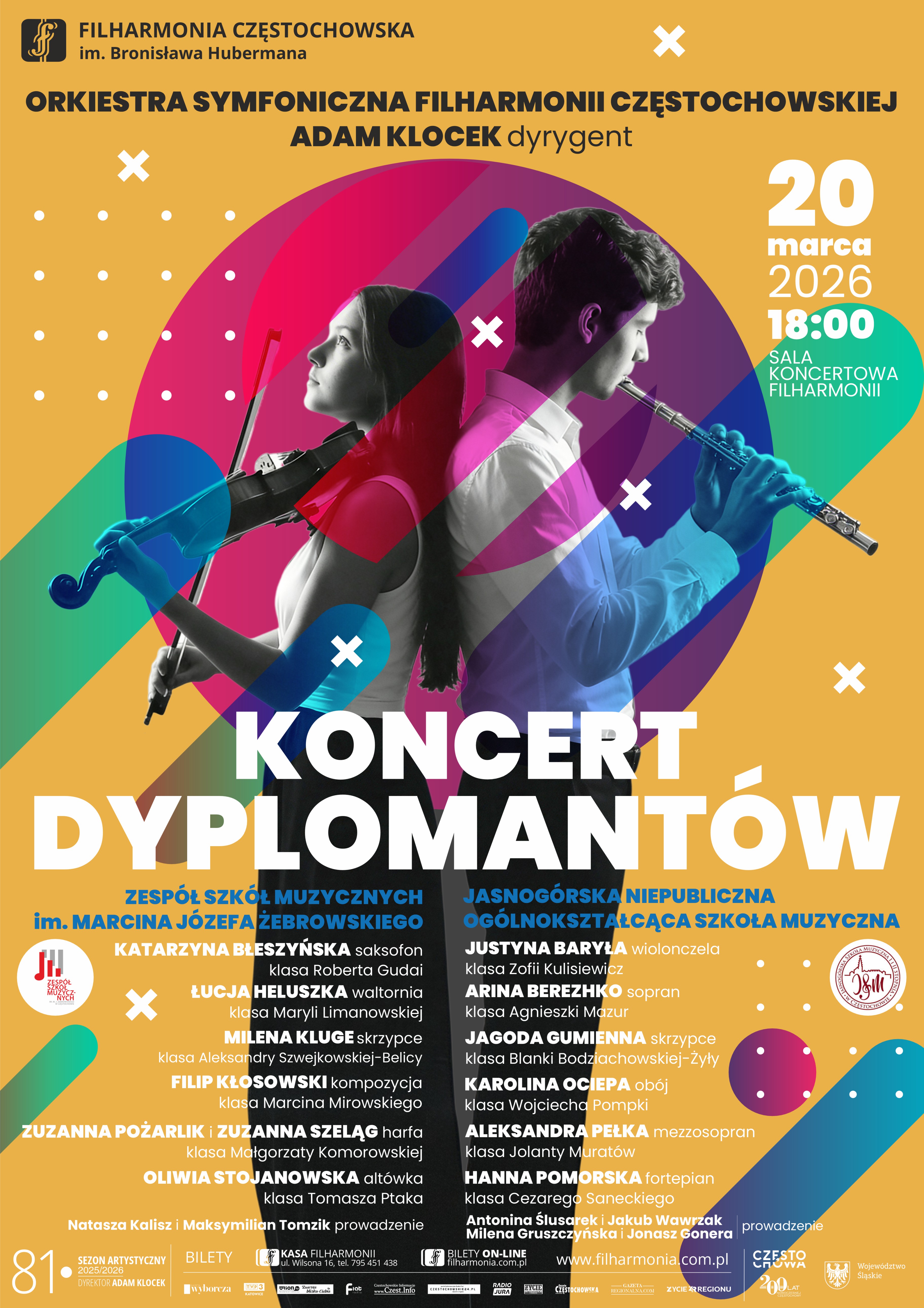 Pomarańczowe tło, zdjęcie dwóch muzyków, logo filharmonii częstochowskiej, ZSM i JNOSM, tekst dotyczący koncertu dyplomantów 20 marca 2026 o godz. 18.00 