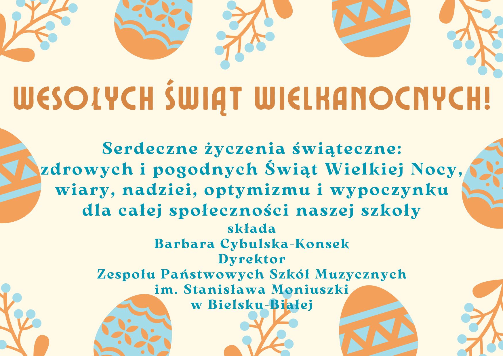 kolorowe świąteczne tło, napis życzenia świąteczne od dyrekcji ZPSM w BB