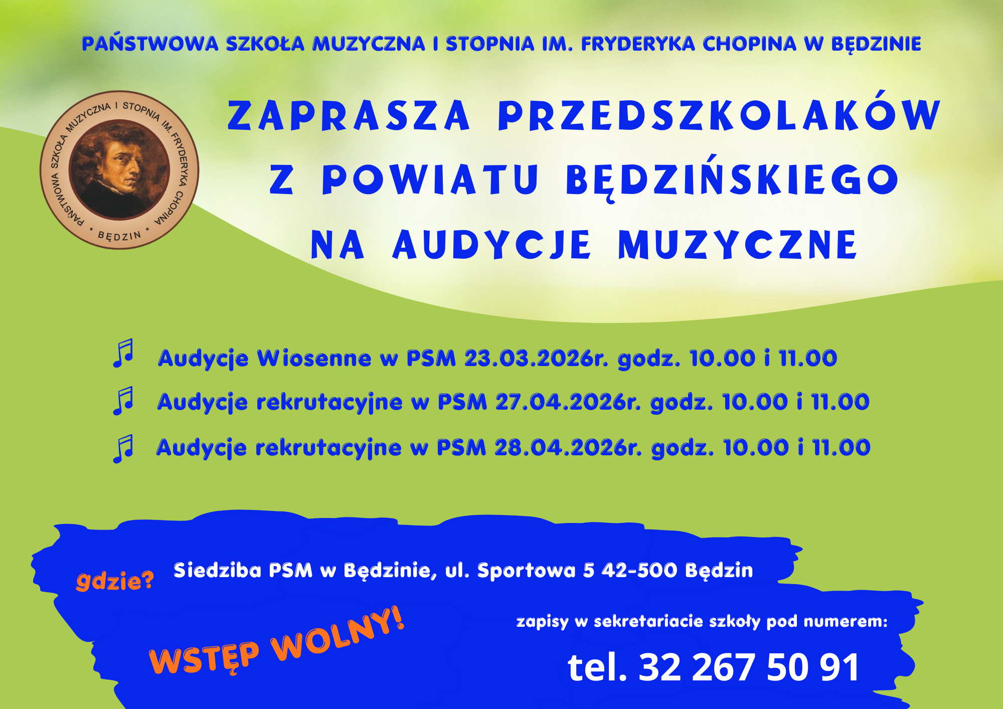 baner na zielonym tle, na środku opisy wydarzenia 