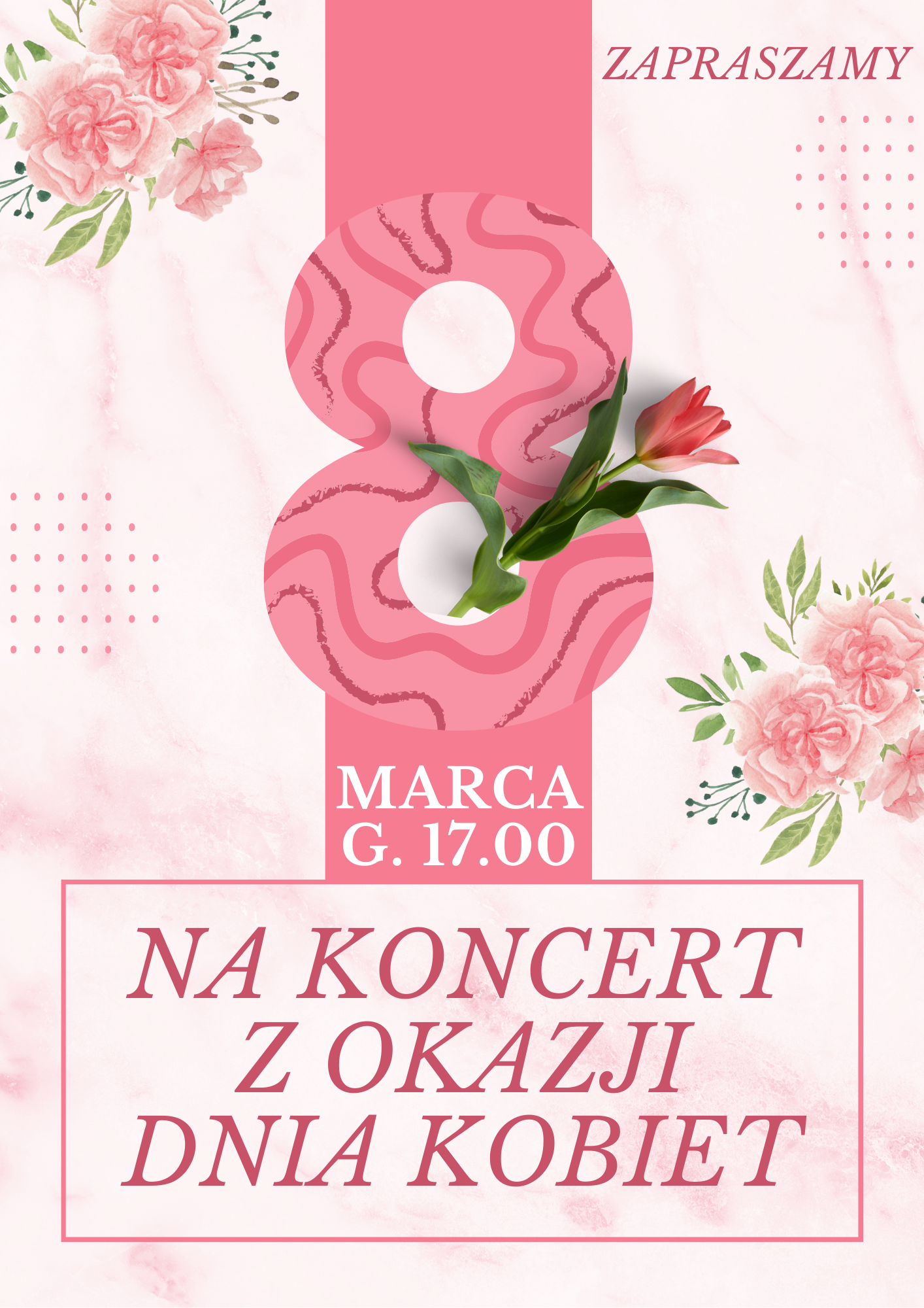 Plakat ze szczegółami koncertu w kolorze różowym ze zdjęciami kwiatów
