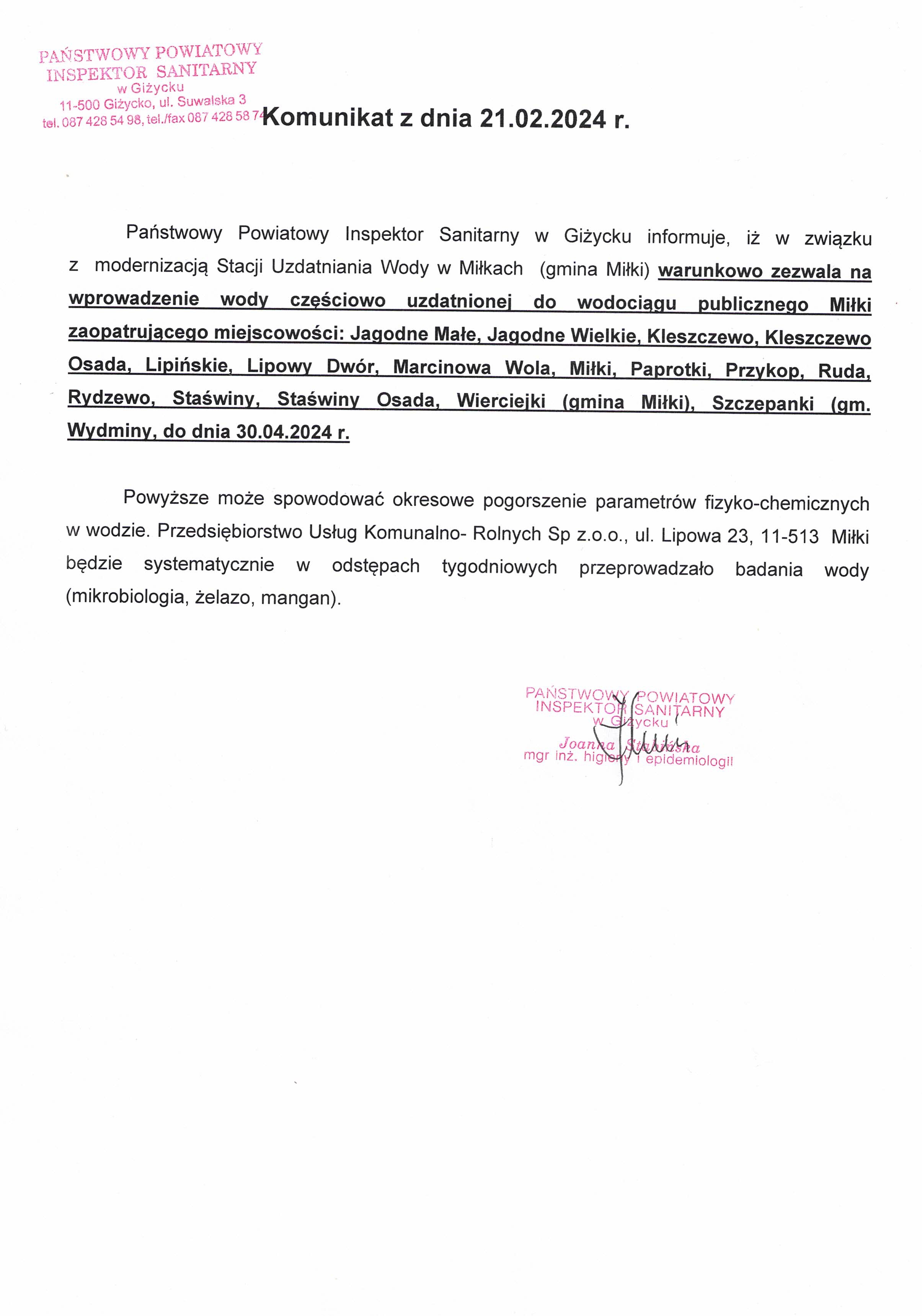 Komunikat z dnia 21.02.2024 r. (dot. wodociągu publicznego Miłki)