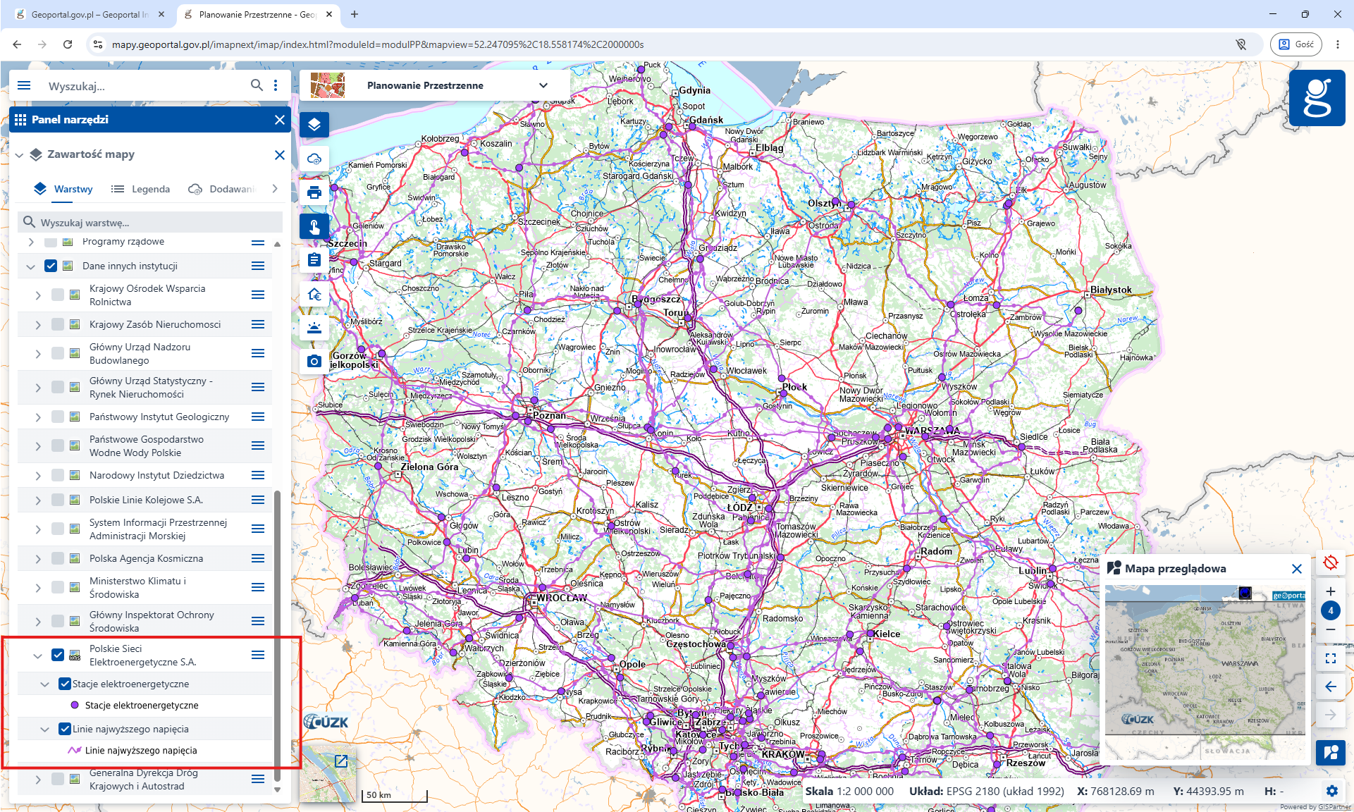 Widok usługi Polskie Sieci Elektroenergetyczne S.A. w serwisie www.geoportal.gov.pl