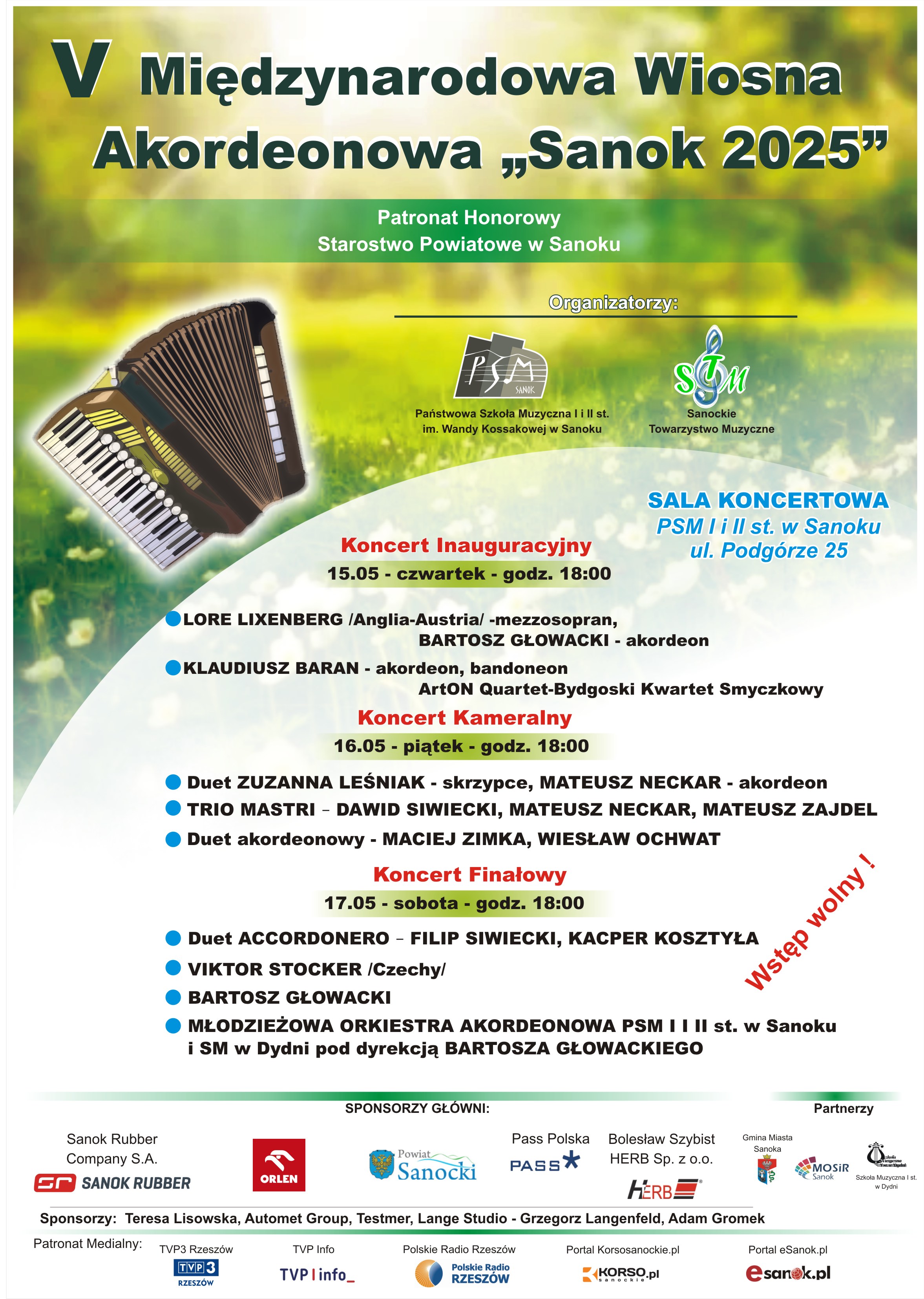 Plakat - Międzynarodowa Wiosna Akordeonowa Sanok 2025. Zielone tło, akordeon, na dole logotypy sponsorów i partnerów.