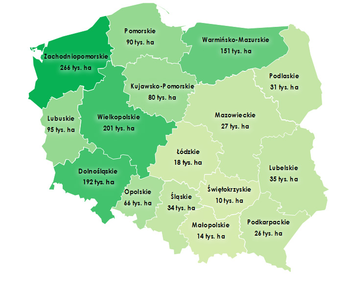 Rys. 1. Grunty pozostające w Zasobie WRSP (1 335,7 tys. ha) wg stanu na 31 grudnia 2023 r. w podziale na województwa