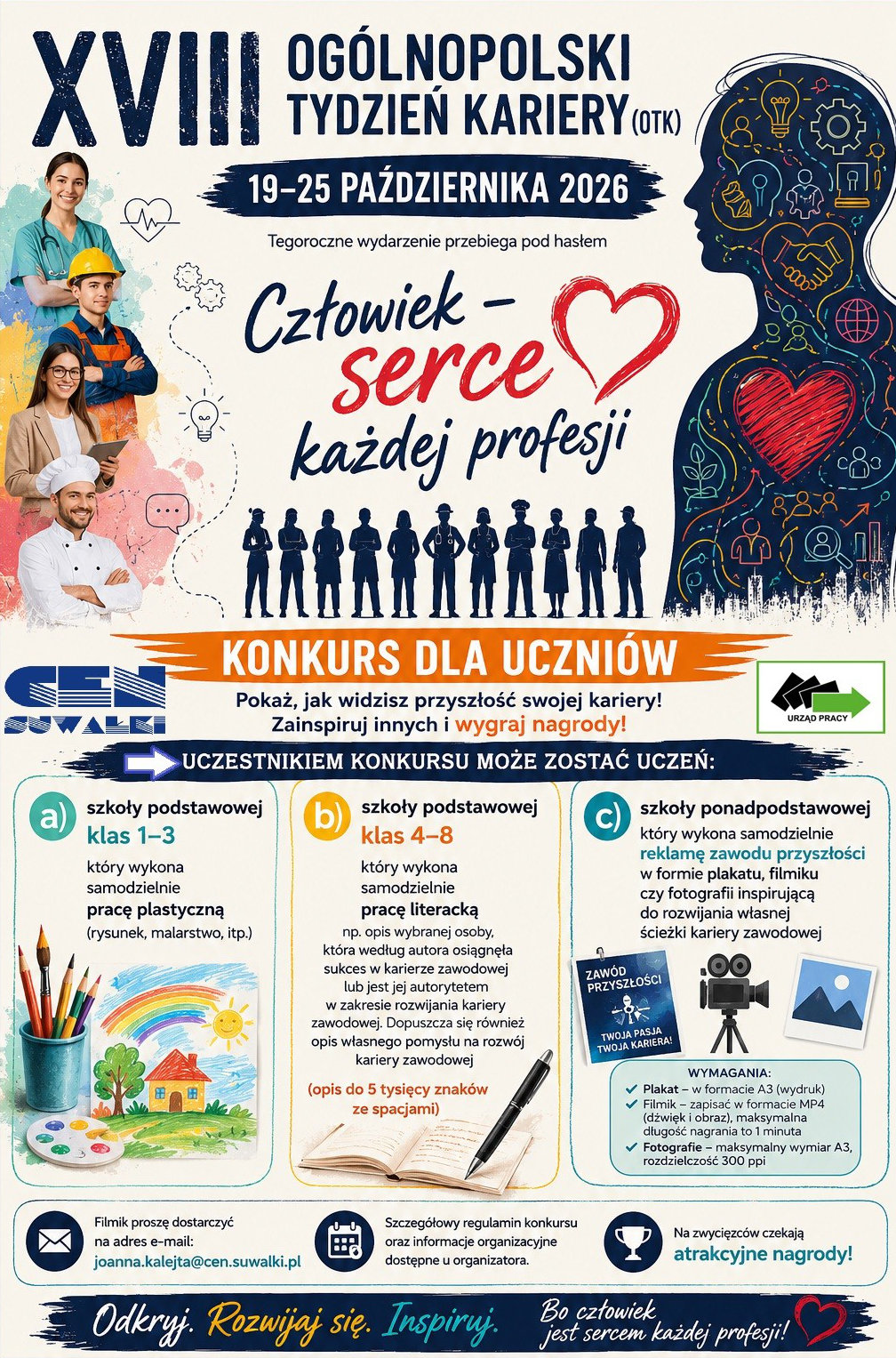 Plakat informujący o konkursie "Człowiek - serce każdej profesji"