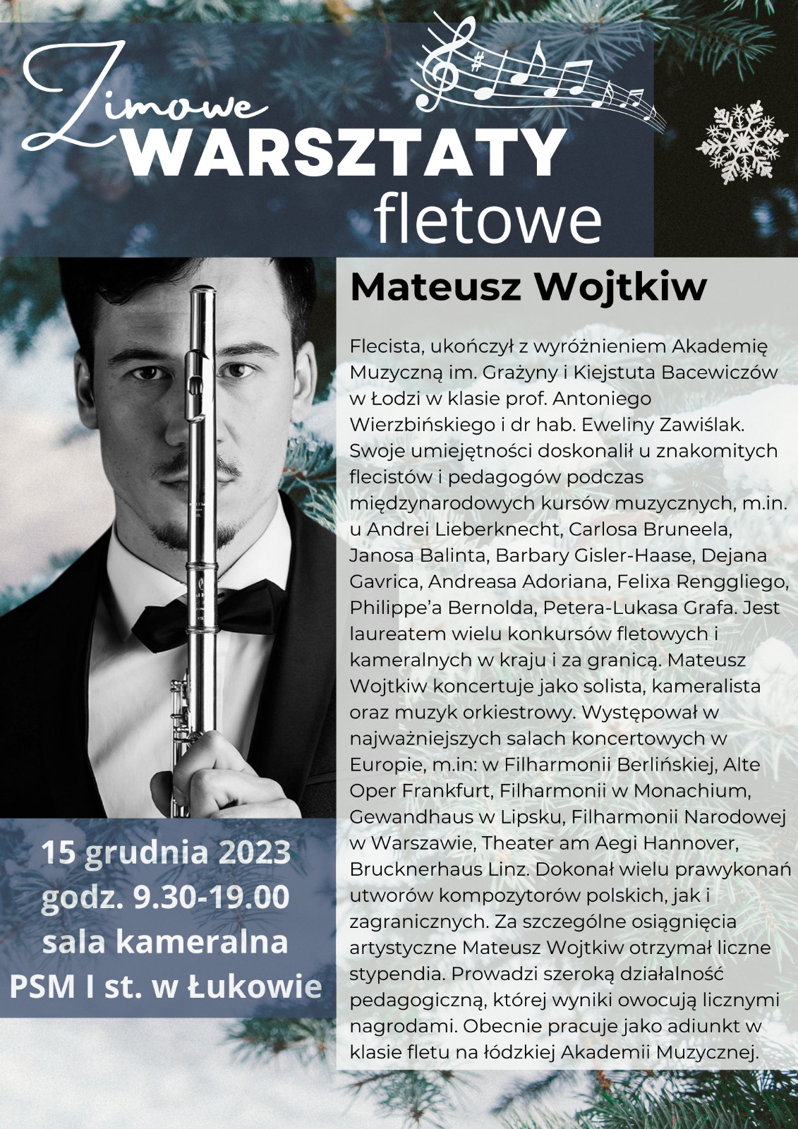 Plakat z informacjami o warsztatach fletowych i o wykładowcy