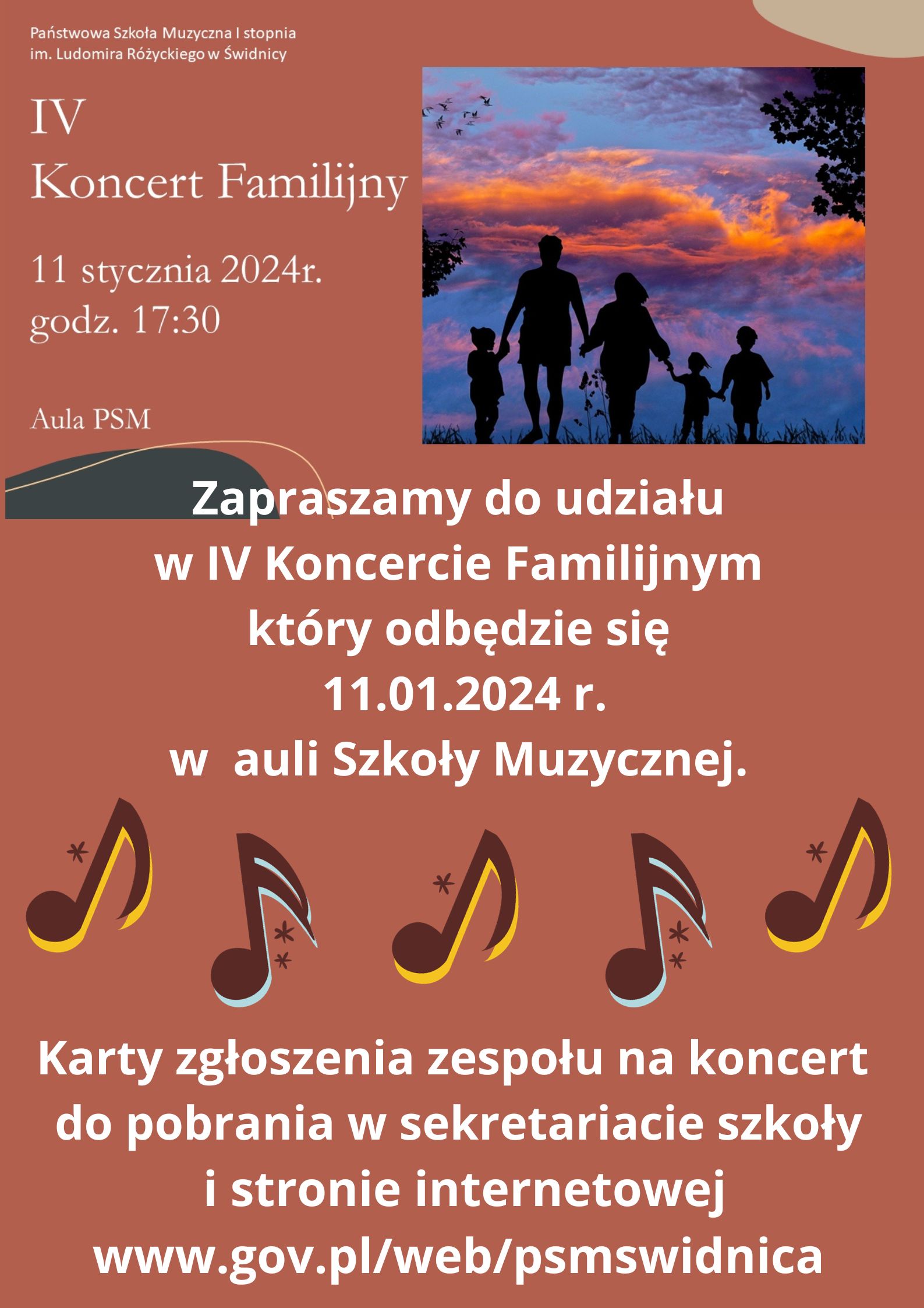 Plakat informujący o koncercie. Brązowe tło, po prawej na gurze zdjęcie 3 osobowej rodziny . Napisy -biała czcionka na całej wielkości plakatu. Po środku nuty w kolorze ciemnobrązowym z żółtym i niebieskim cieniem.