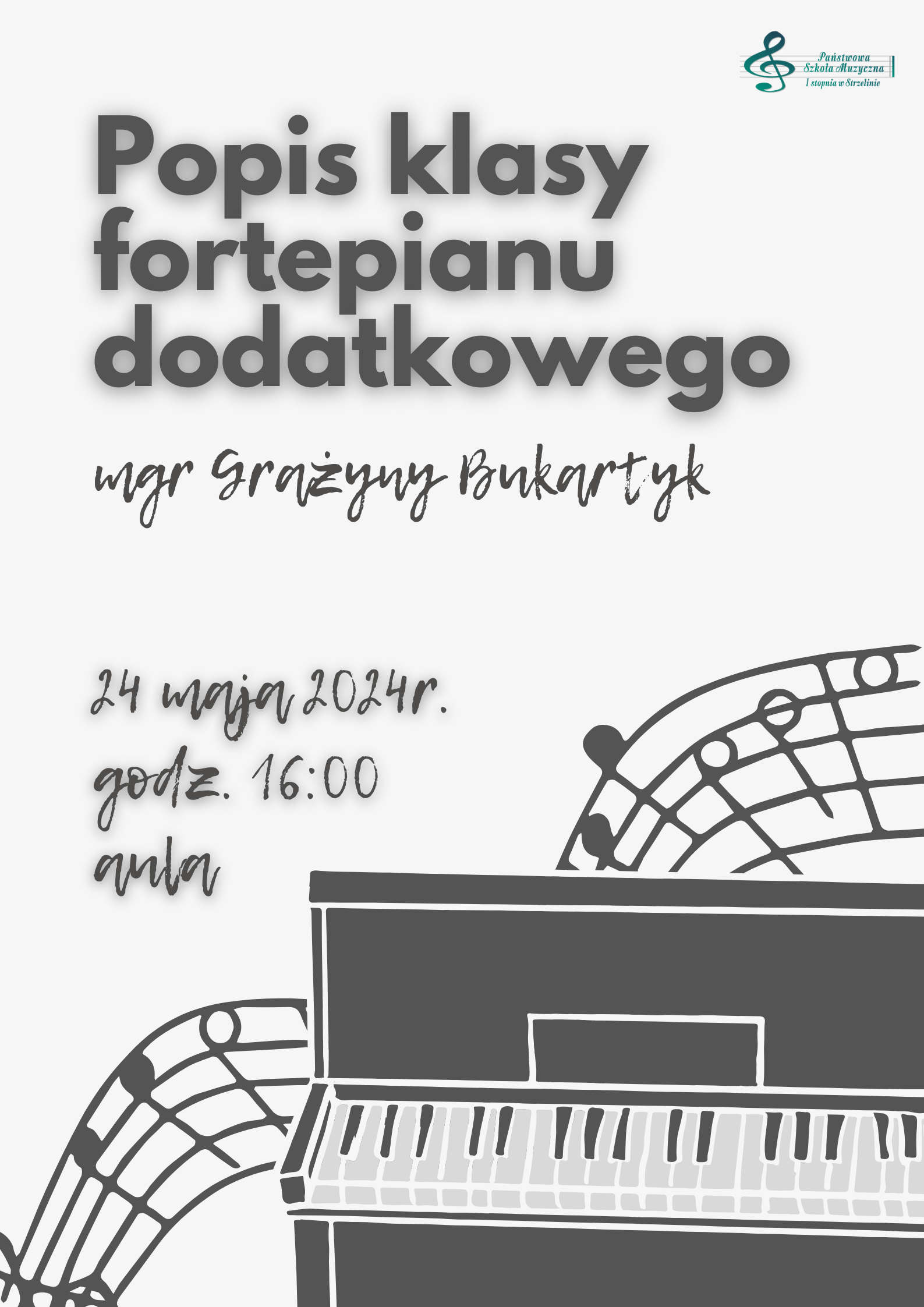 Na jasnoszarym tle umieszczona została grafika pianina. W górnej części plakatu znajdują się informacje dotyczące wydarzenia.