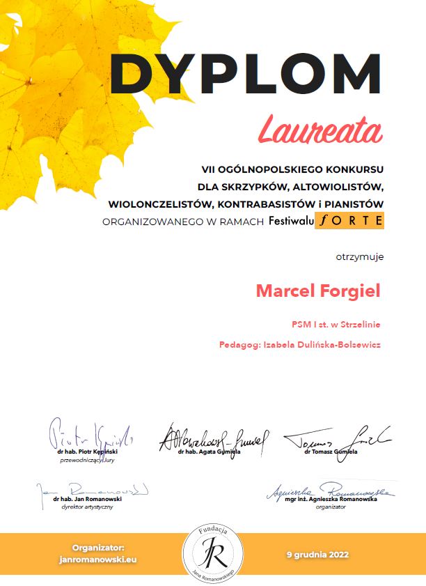 Dyplom ma białe tło. W lewej górnej części dyplomu znajduje się grafika żółtego liścia. Na dyplomie znajdują się informacje dotyczące konkursu oraz laureata. Poniżej umieszczone są podpisy członków jury. 