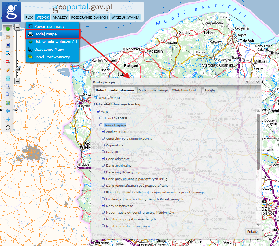 Ilustracja przedstawia lokalizację widżetu "Dodawanie usług" jako dodatkowa zakładka w widżecie Zawartość mapy