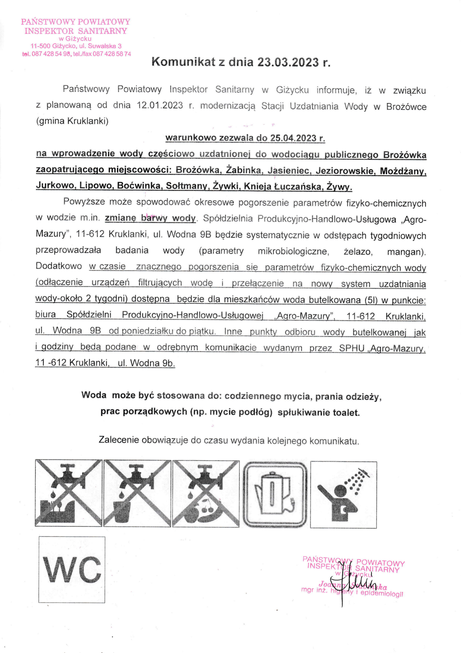 Komunikat z dnia 23.03.2023 r. (dot. wodociągu publicznego Brożówka)