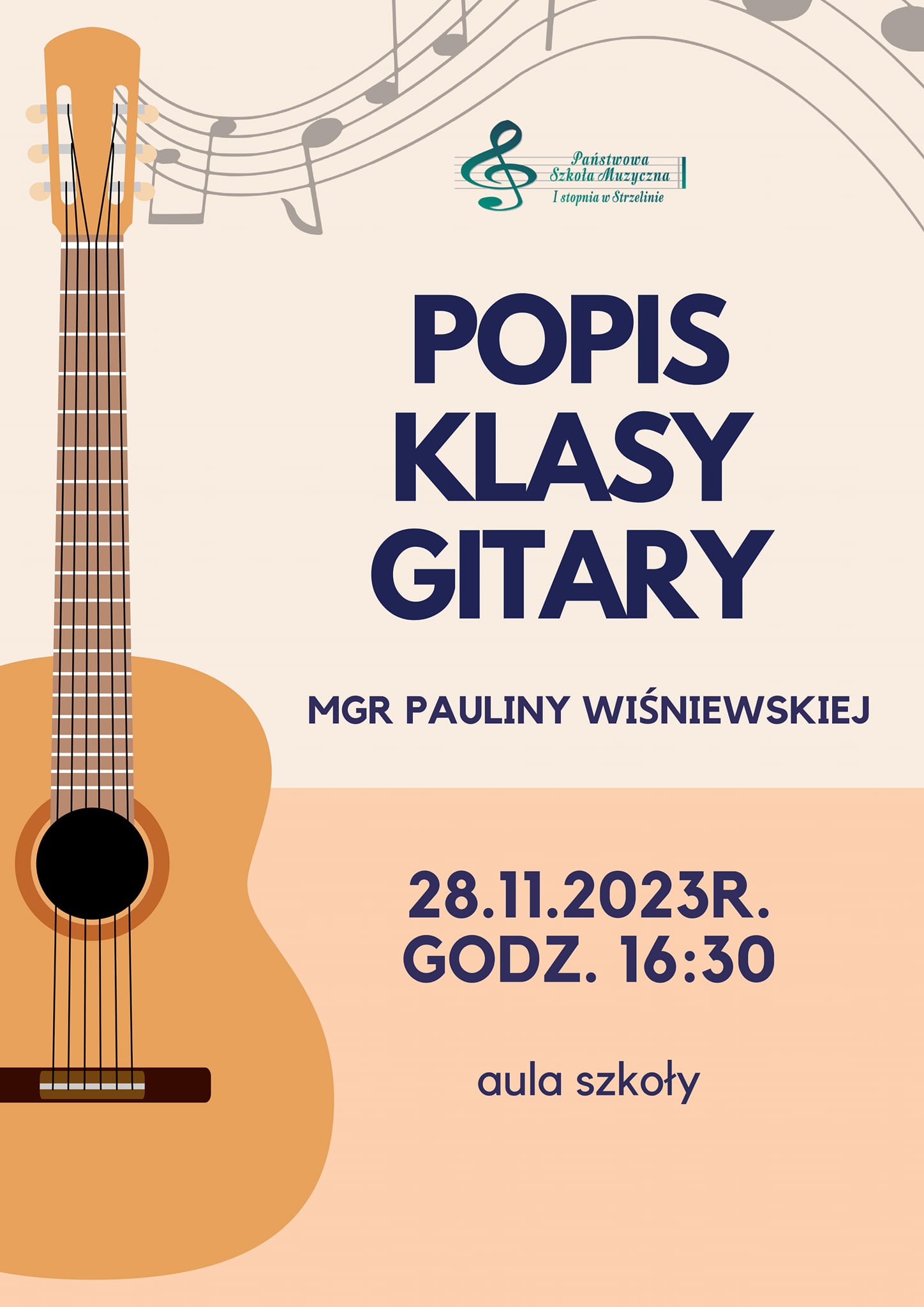 Na jasnym tle plakatu znajdują się różne akcenty muzyczne w postaci pięciolinii, wartości rytmicznych, gitary. W środkowej części plakatu znajdują się informacje dotyczące wydarzenia. 