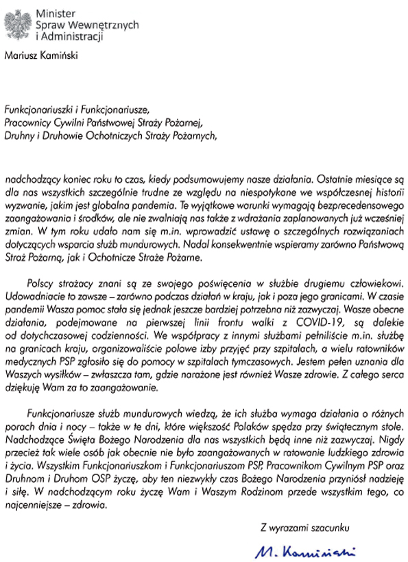 Zdjęcie ilustruje na papierze firmowym z godłem Polski, treść życzeń Ministra Spraw Wewnętrznych i Administracji skierowanych do strażaków PSP, druhów OSP oraz pracowników cywilnych PSP.