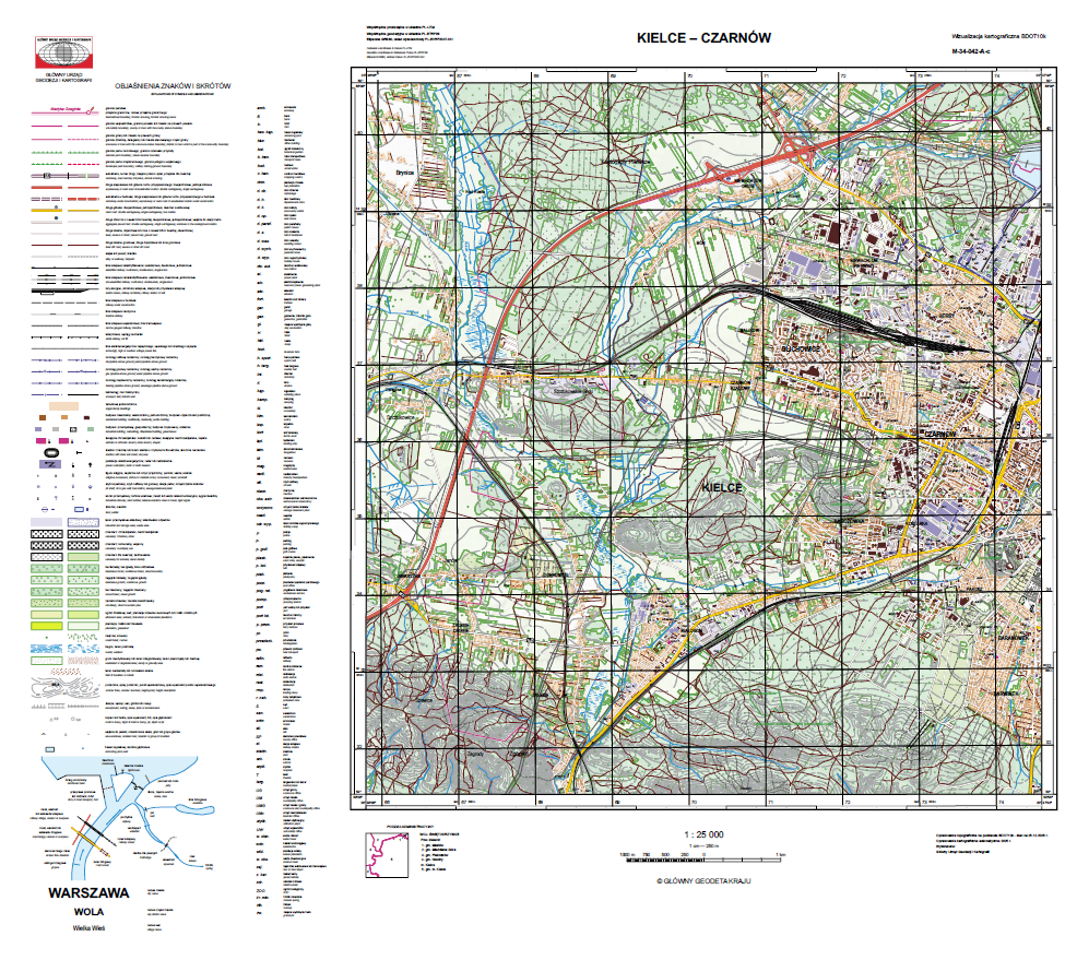 Ilustracja przedstawia zrzut ekranu z przykładową wizualizacją kartograficzną BDOT10k w skali 1:25 000 dla Kielc