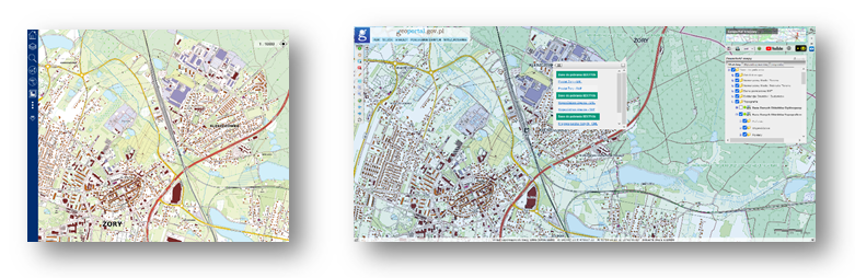 Ilustracja przedstawia zaktualizowany zbiór danych BDOT10k dla fragmentu miasta Żory w Portalu BDOT10k oraz w usłudze Baza Danych Obiektów Topograficznych.