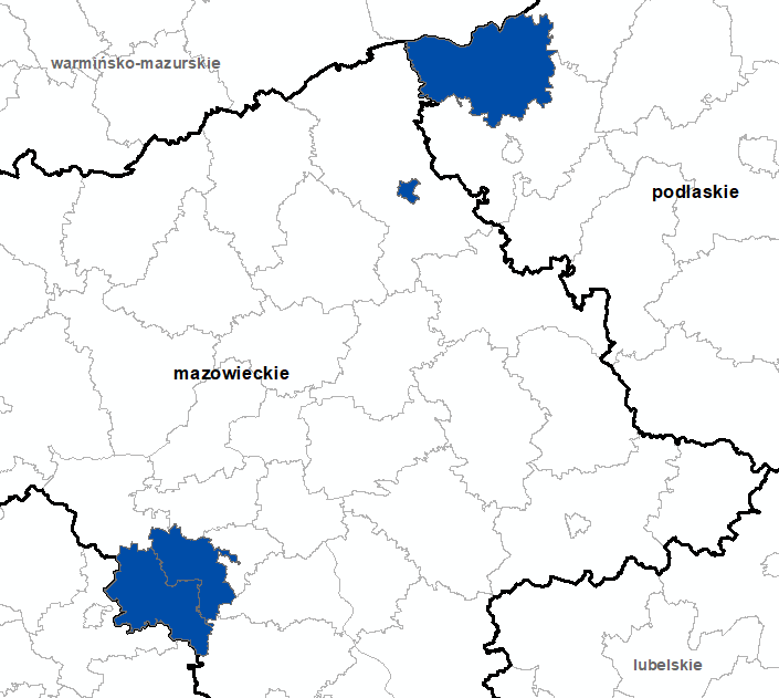 Ilustracja przedstawia obszary powiatów objętych aktualizacją zbiorów danych BDOT10k.