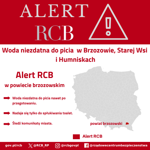 Alert RCB - woda niezdatna do picia. Kolorem czerwonym zaznaczonym jest obszar alarmowania.