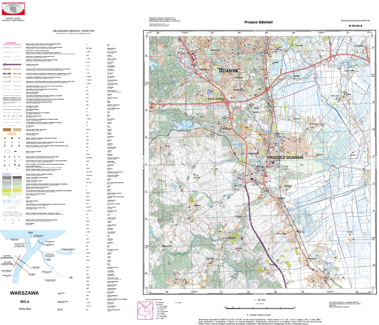 Ilustracja przedstawia zrzut ekranu z przykładową wizualizacją kartograficzną BDOT10k w skali 1:50 000, arkusz: N-34-062-A Pruszcz Gdański