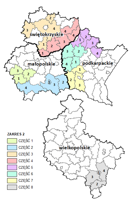 Ilustracja przedstawia wykaz powiatów w ramach ogłoszonego przetargu na aktualizację BDOT10k, w podziale na części i etapy - zakres 2.
