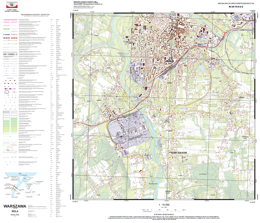 Ilustracja przedstawia przykładową wizualizację kartograficzną BDOT10k w skali 1:10000 dla miasta Jasło.