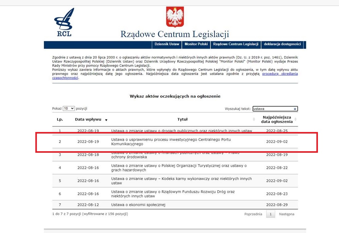 Ilustracja przedstawia stronę internetową Rządowego Centrum Legislacyjnego z harmonogramem publikacji aktów prawnych