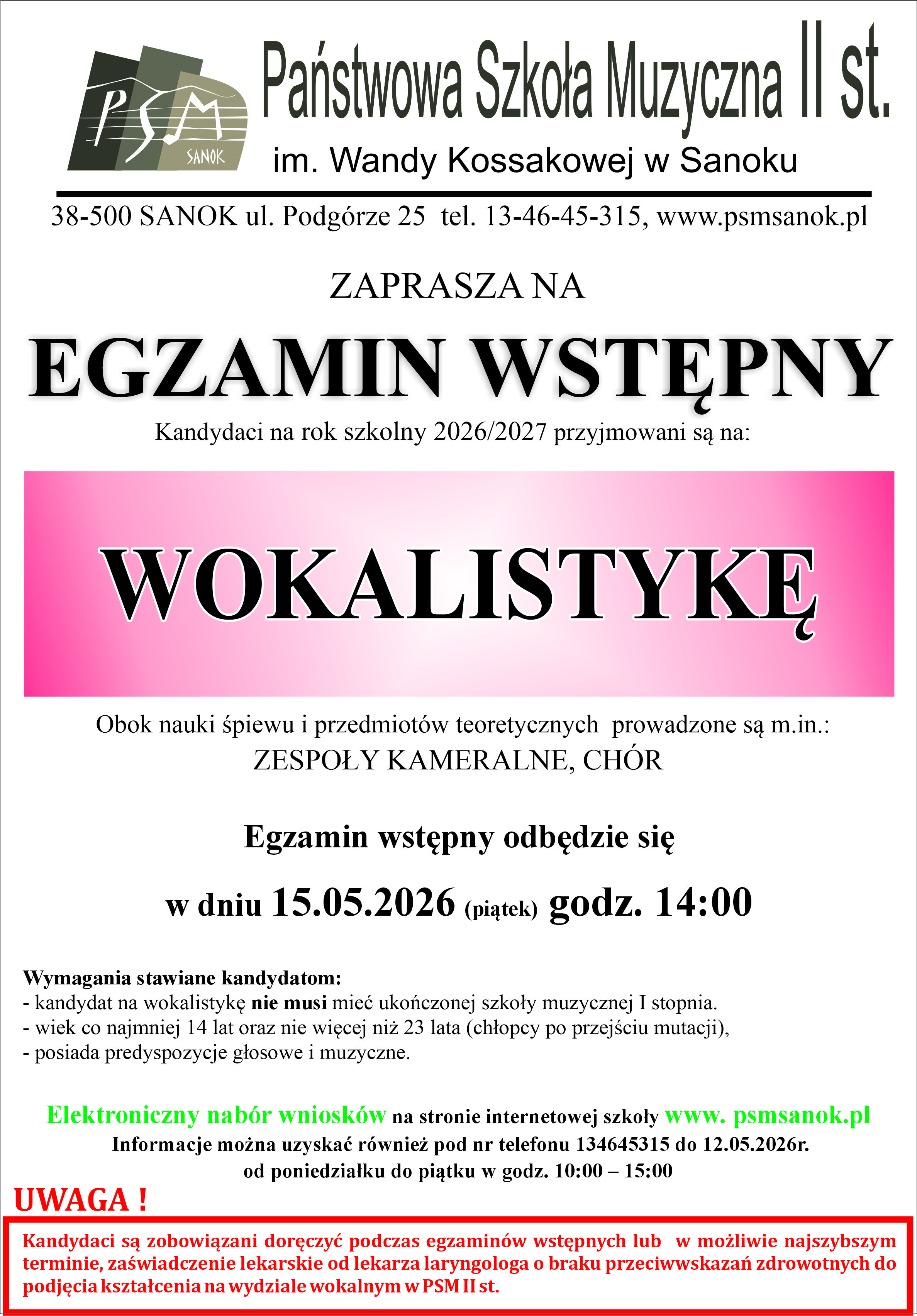 Plakat egzamin wstępny II st. wokalistyka. Informacje o egzaminie, czarne litery, w tle logo szkoły i różowy prostokąt
