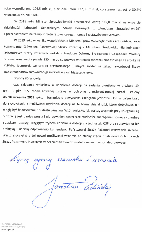 List ministra Jarosława Zielińskiego do OSP