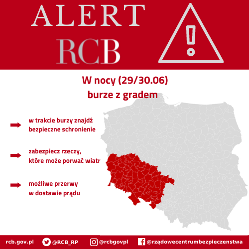 Alert RCB – burze, silny wiatr, ulewny deszcz i lokalnie grad – 29 czerwca.