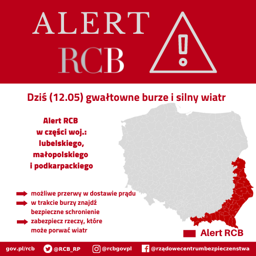 Alert RCB – gwałtowne burze i silny wiatr– 12 maja