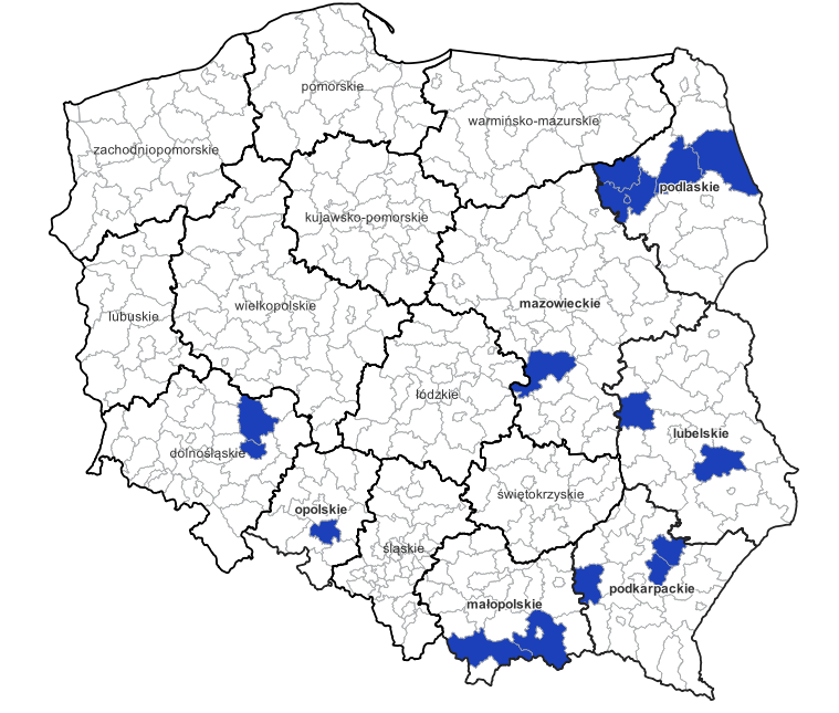 Ilustracja przedstawia obszary powiatów objętych aktualizacją zbiorów danych BDOT10k.