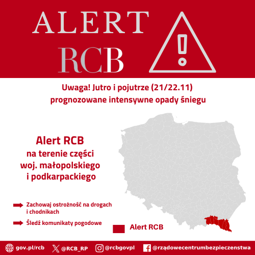 Alert RCB z 20 listopada 2025 dot. intensywnych opadów śniegu. Na czerwono zaznaczono obszar alarmowania.