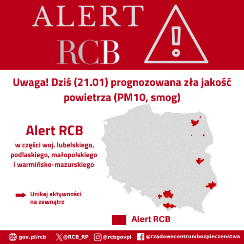 Alert RCB o treści "Uwaga! Dziś (21.01) prognozowana jest zła jakość powietrza w zakresie pyłu zawieszonego PM10 (smog). Unikaj aktywności na zewnątrz". 