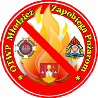 Zdjęcie przedstawia logo Ogólnopolskiego Turnieju Wiedzy Pożarniczej (OTWP). Logo w kształcie koła z przekreślonym płomieniem w środku. Wewnątrz po obwodzie znajduje się napis "OTWP Młodzież Zapobiega Pożarom". 
