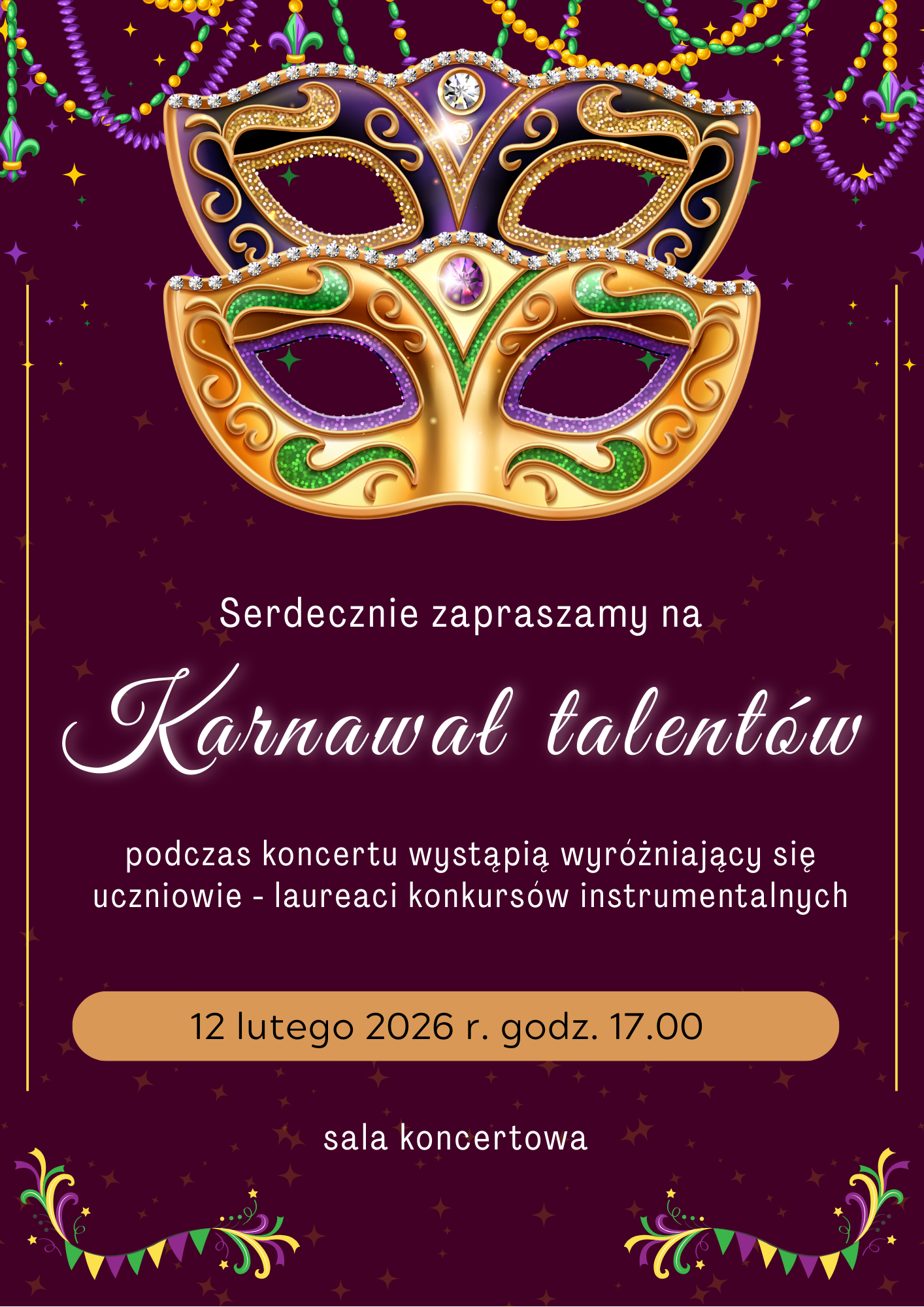 Plakat koncertu z grafiką dwóch błyszczących masek karnawałowych na fioletowym tle