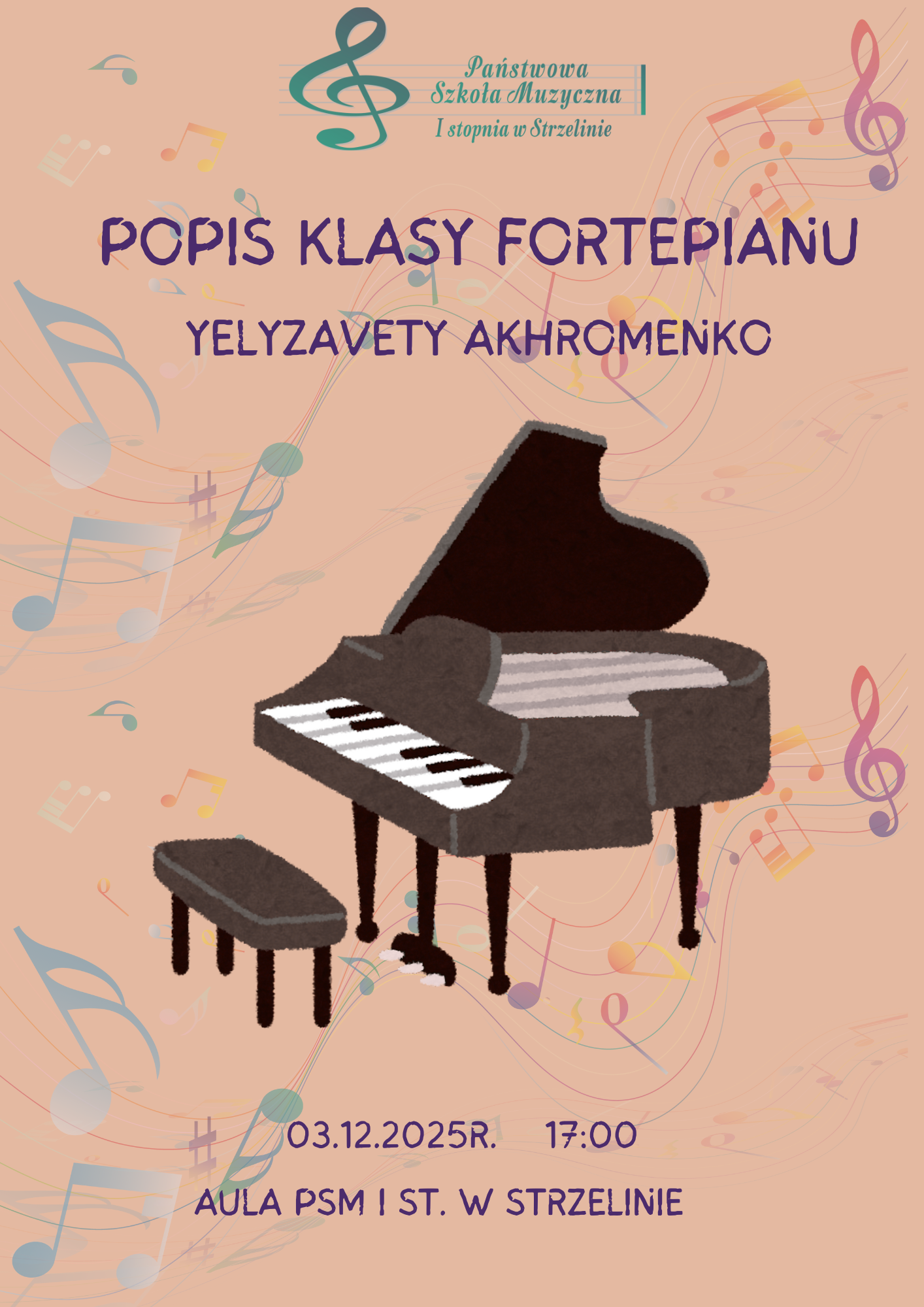 Na jasnoróżowym tle umieszczona została grafika fortepianu oraz informacje dotyczące wydarzenia.