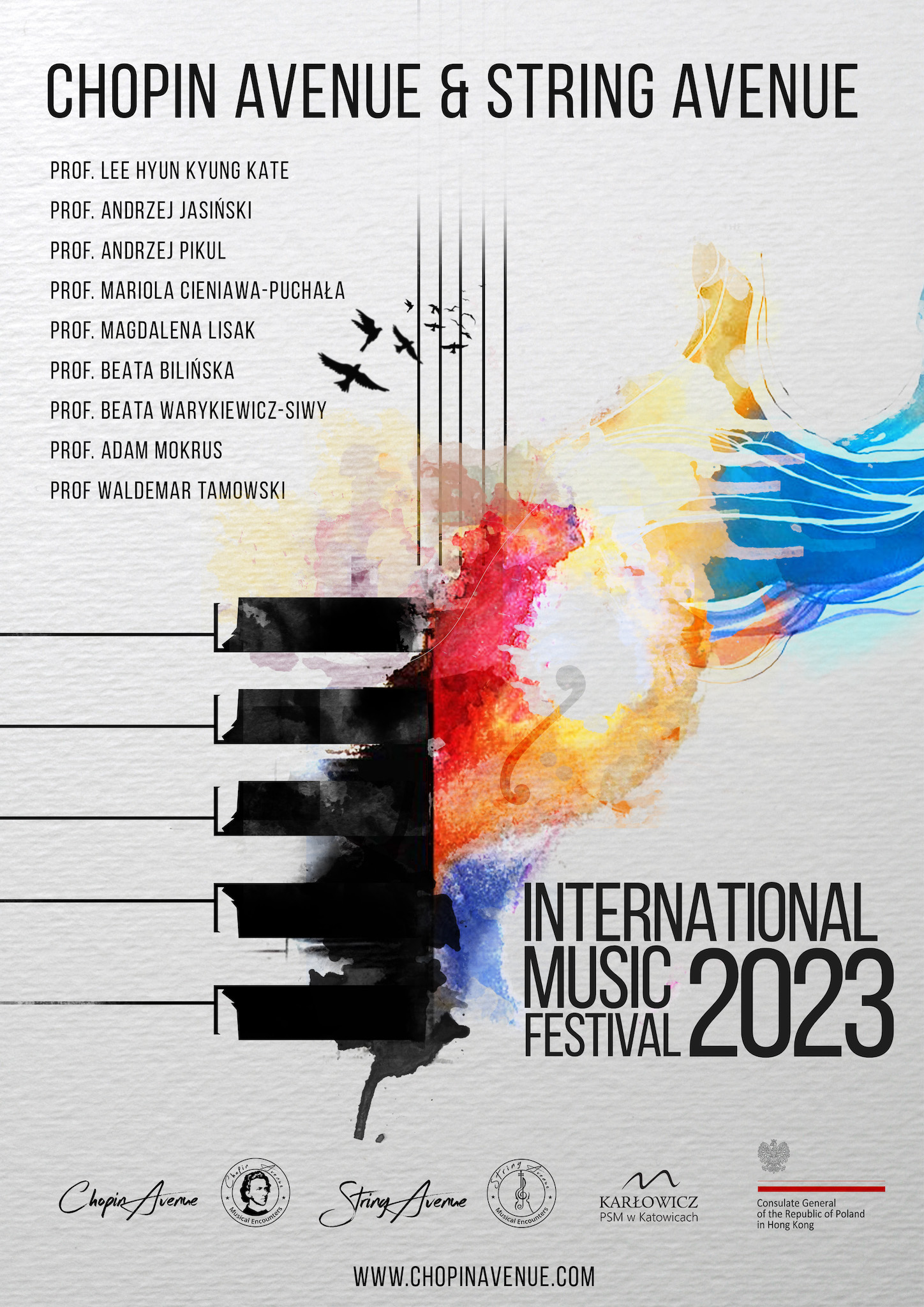 Grafika w tonacji szarej przedstawiająca fragment klawiatury i kolorowe plamy. Tekst: Chopin Avenue & String Avenue. Prof. Hyunkyung Kate Lee prof. Andrzej Jasiński prof. Andrzej Pikul prof. Mariola Cieniawa-Puchała prof. Magdalena Lisak prof. Beata Bilińska prof. Beata Warykiewicz-Siwy prof. Adam Mokrus prof. Waldemar Tamowski. International Music Festival 2023 www.chopinavenue.com