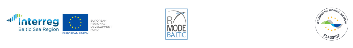Logo programu Interreg, logo projektu R-Mode Baltic oraz znak projektu flagowego programu Interreg.