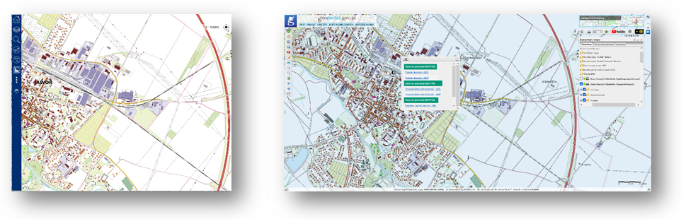 Ilustracja przedstawia zaktualizowany zbiór danych BDOT10k dla powiatu jaworskiwgo w Portalu BDOT10k oraz w usłudze Baza Danych