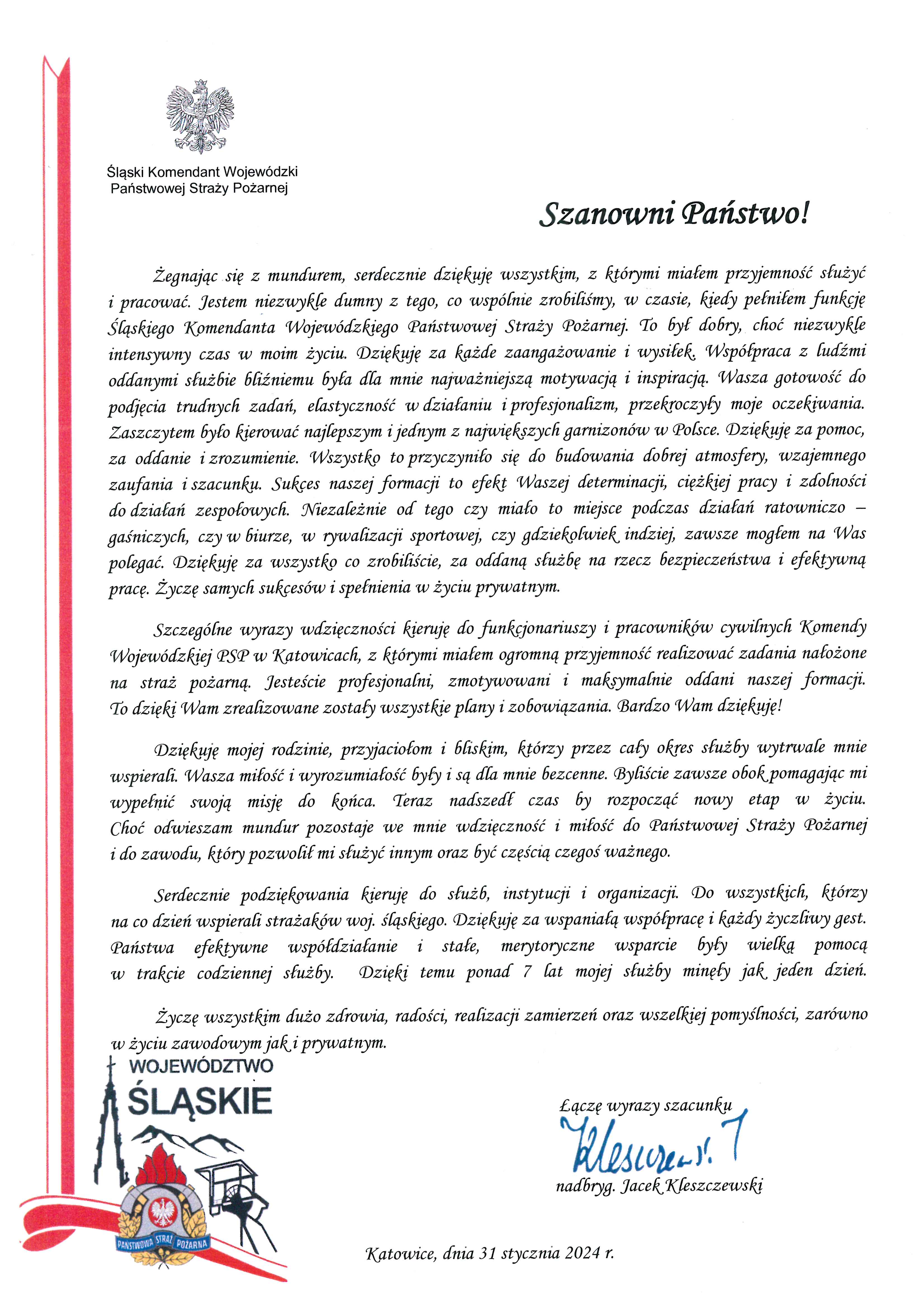 podziękowania Śląskiego Komendanta Wojewódzkiego PSP nadbryg. Jacka Kleszczewskiego