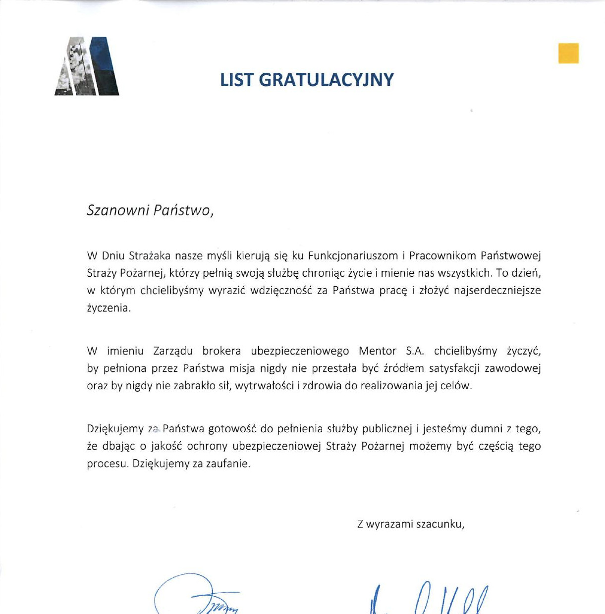 Życzenia Zarządu brokera ubezpieczeniowego Mentor S.A. z okazji Dnia Strażaka