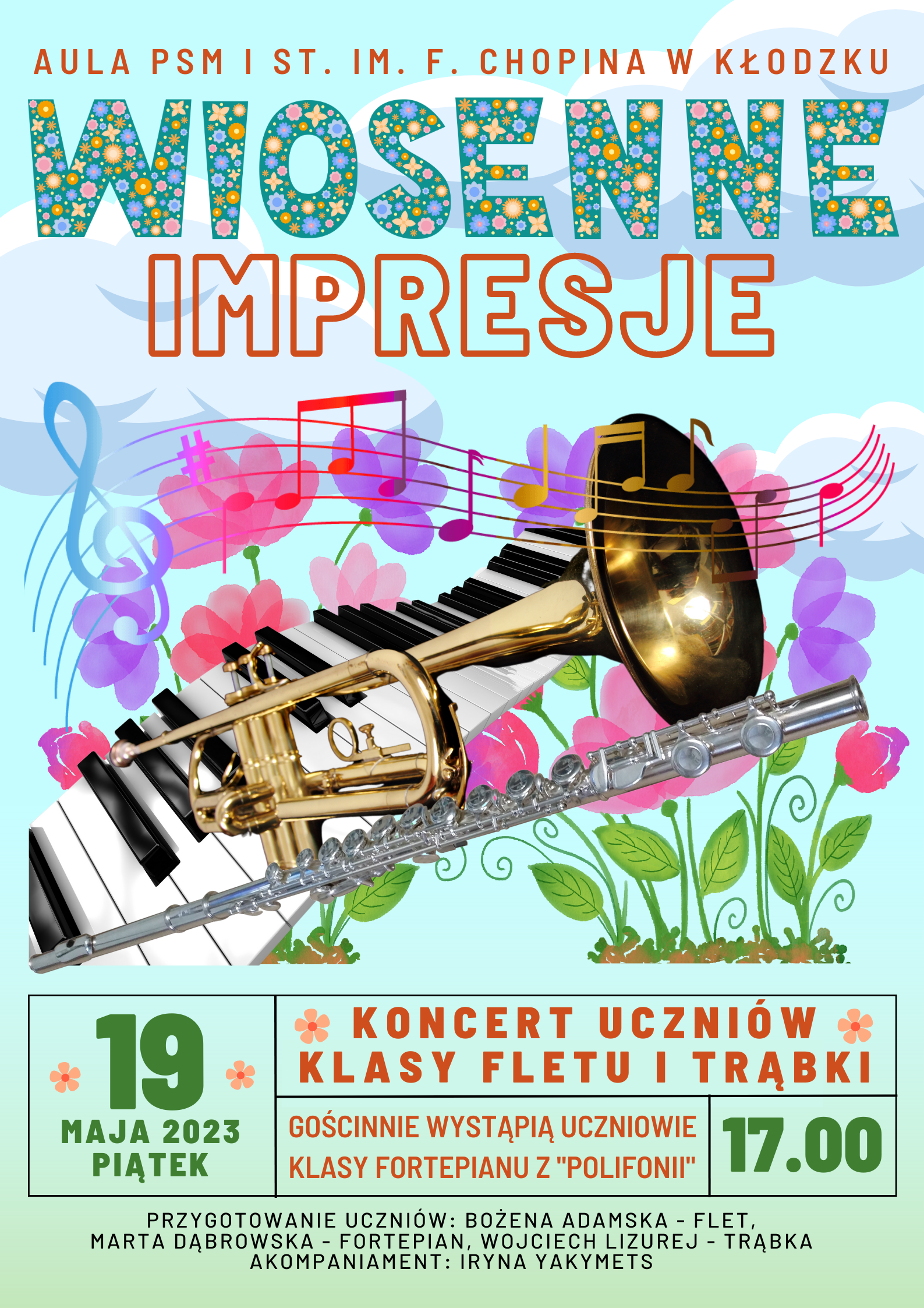 Plakat na zielonym tle z grafiką instrumentów oraz szczegółowymi informacjami dotyczącymi koncertu uczniów klasy fletu i trąbki 19 maja 2023