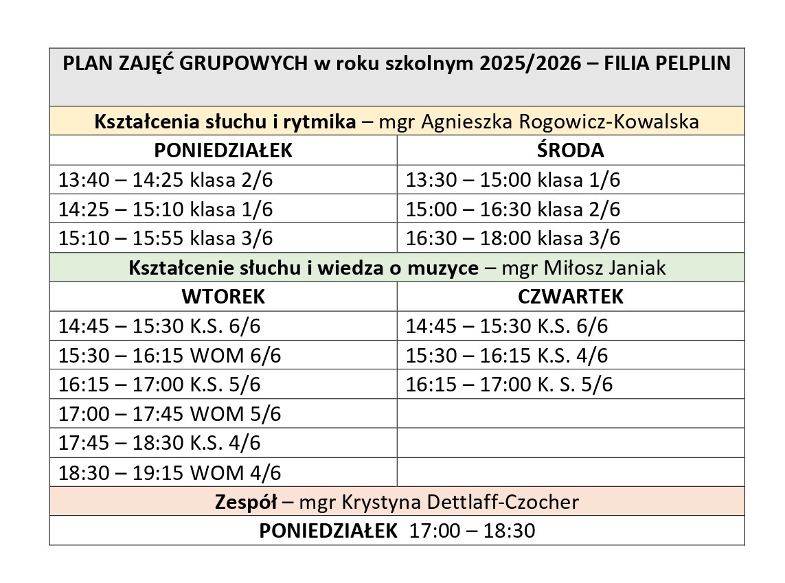 Tabela z planem lekcji - godziny, nazwy przedmiotów i nazwiska nauczycieli.