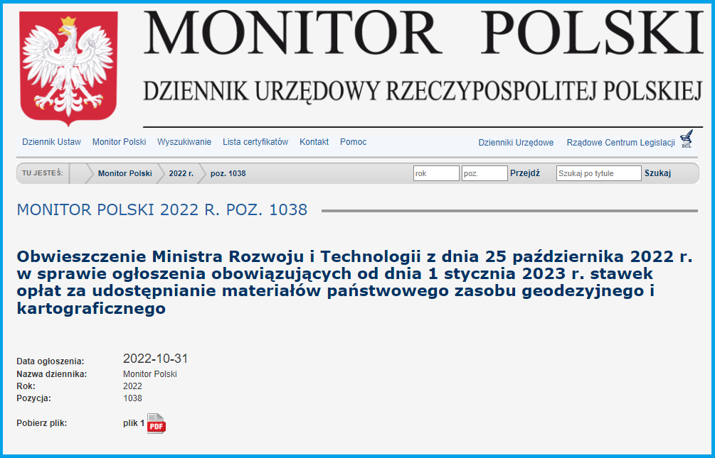 Na ilustracji znajduje się zrzut ekranu ze strony internetowej Monitora Polskiego, na której zostało opublikowane obwieszczenie Ministra Rozwoju i Technologii z dnia 25 października 2022 r. w sprawie ogłoszenia obowiązujących od dnia 1 stycznia 2023 r. stawek opłat za udostępnianie materiałów państwowego zasobu geodezyjnego i kartograficznego