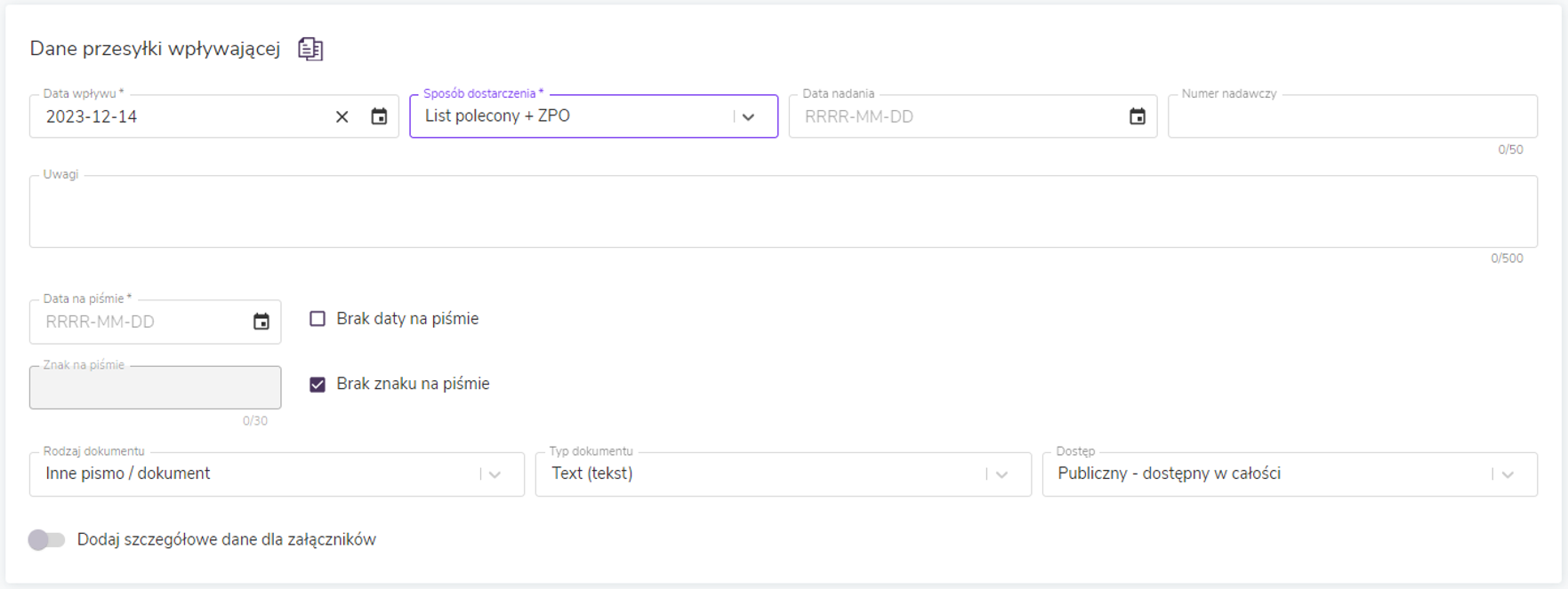 Uzupełnianie danych podczas rejestrowania korespondencji wpływającej