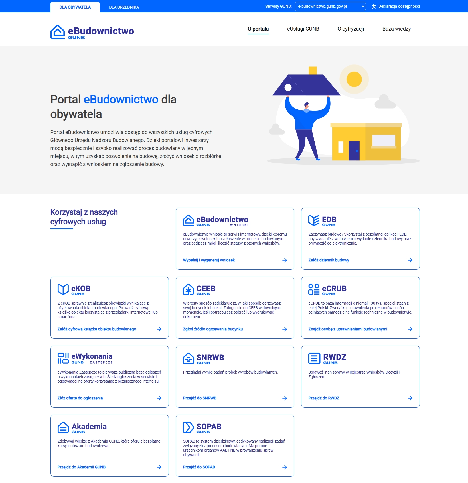 widok strony głównej e-budownictwo.gunb.gov.pl